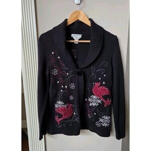 Christopher & Banks Sweater Cardinal Holiday Embroidered Womens Small Black